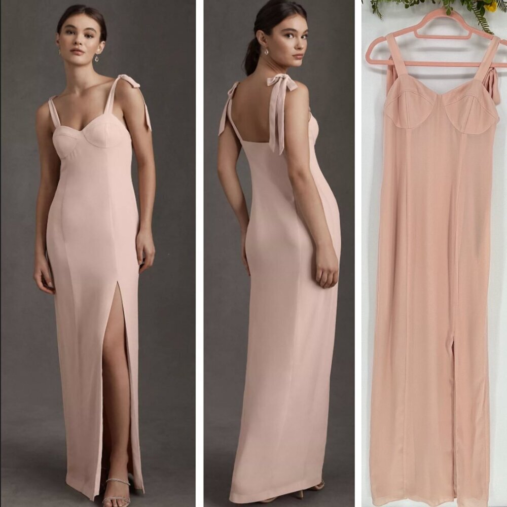 BHLDN Antonia Blush Georgette Maxi Dress 8 Babydoll Tie Bow Holiday Party Events